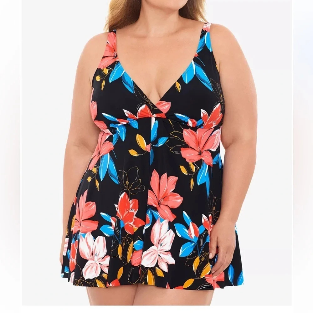 Swim‎ Solutions Tummy-Control Swimdress One Piece Swimsuit Floral Park sz 12 NWT
